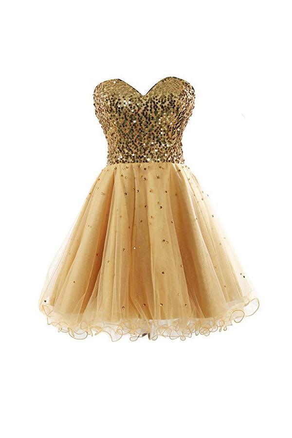 Vestido corto de fiesta de bienvenida con lentejuelas y tul con escote corazón PG085
