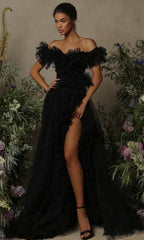 Tulle Ruffled A-Line Slit Gown