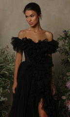 Tulle Ruffled A-Line Slit Gown