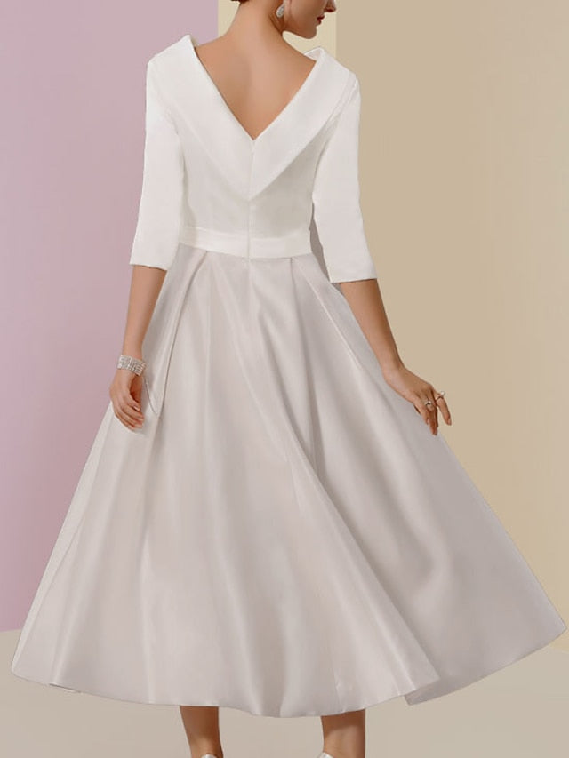 Robes de mère de la mariée de coupe trapèze/princesse, col rond, manches mi-longues, plis et poches 