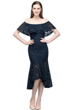 Robe de bal sirène noire en dentelle, longueur thé, épaules dénudées