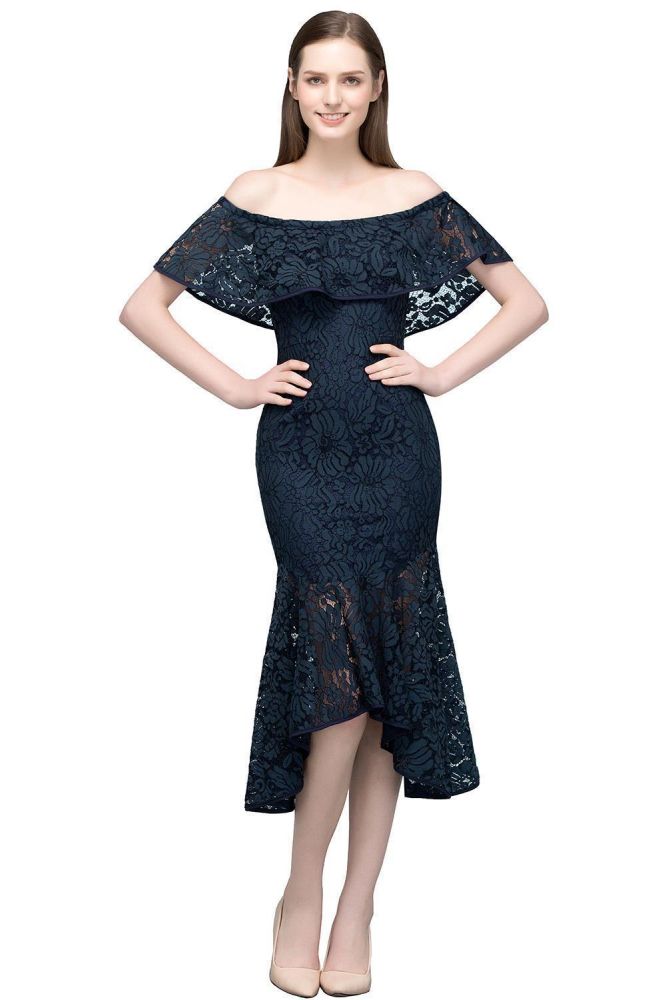 Robe de bal sirène noire en dentelle, longueur thé, épaules dénudées