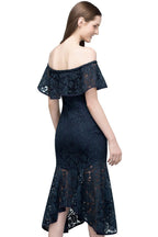 Robe de bal sirène noire en dentelle, longueur thé, épaules dénudées