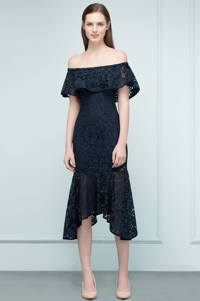 Robe de bal sirène noire en dentelle, longueur thé, épaules dénudées