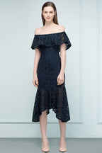 Robe de bal sirène noire en dentelle, longueur thé, épaules dénudées