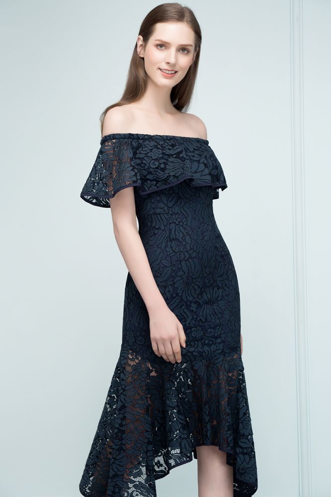 Robe de bal sirène noire en dentelle, longueur thé, épaules dénudées