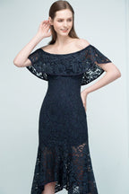 Robe de bal sirène noire en dentelle, longueur thé, épaules dénudées