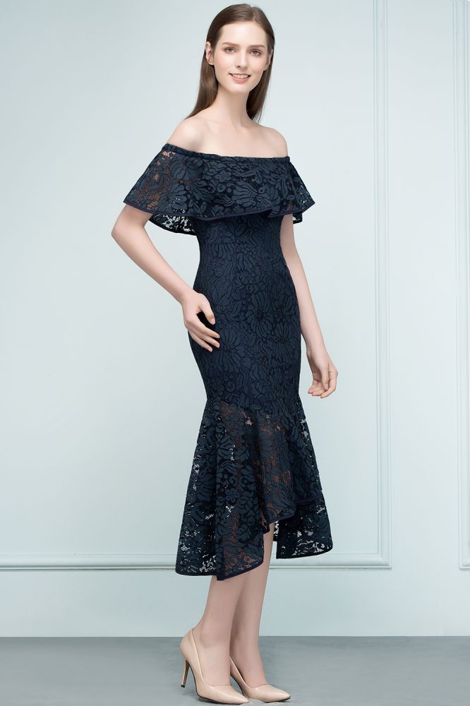 Robe de bal sirène noire en dentelle, longueur thé, épaules dénudées