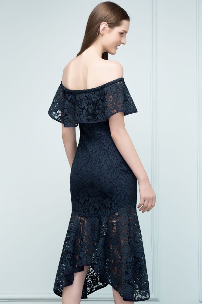 Robe de bal sirène noire en dentelle, longueur thé, épaules dénudées