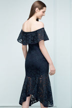 Robe de bal sirène noire en dentelle, longueur thé, épaules dénudées