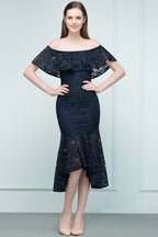 Robe de bal sirène noire en dentelle, longueur thé, épaules dénudées