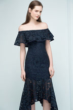 Robe de bal sirène noire en dentelle, longueur thé, épaules dénudées