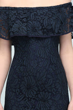 Robe de bal sirène noire en dentelle, longueur thé, épaules dénudées