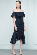 Robe de bal sirène noire en dentelle, longueur thé, épaules dénudées