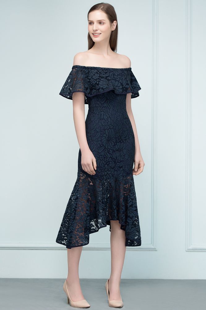 Robe de bal sirène noire en dentelle, longueur thé, épaules dénudées