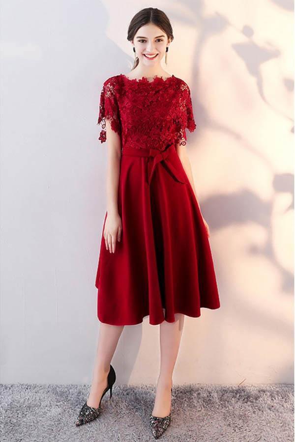 Robe de mariée mi-longue à manches en dentelle, avec ceinture, modèle PD096