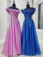 Teodora | Vestido de graduación azul real con hombros descubiertos y corte en A con estampado floral 3D