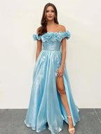 Teodora | Vestido de graduación azul real con hombros descubiertos y corte en A con estampado floral 3D
