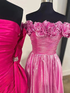 Teodora | Vestido de graduación azul real con hombros descubiertos y corte en A con estampado floral 3D