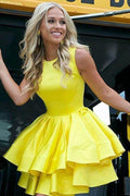 Vestido corto de fiesta amarillo con falda escalonada, vestido de graduación corto de satén, vestido de graduación PD372