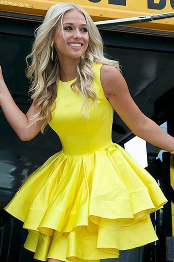 Vestido corto de fiesta amarillo con falda escalonada, vestido de graduación corto de satén, vestido de graduación PD372