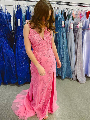 Torin | Robe de bal longue sirène en dentelle lavande à col en V avec appliques