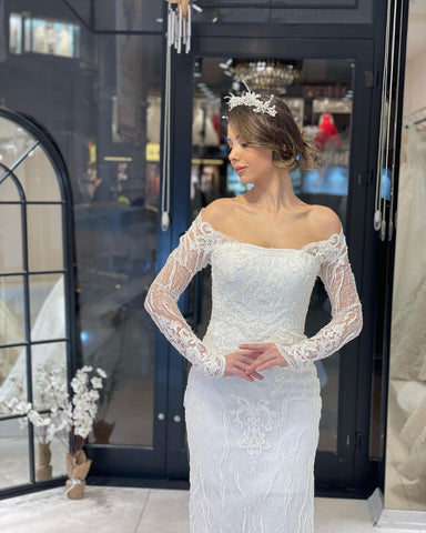 Vestido de novia de sirena de encaje, manga larga y largo hasta el suelo, a la moda