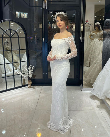 Vestido de novia de sirena de encaje, manga larga y largo hasta el suelo, a la moda