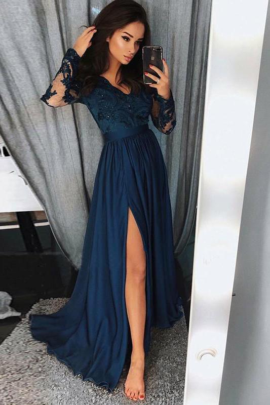 Trendy Long Sleevess Lace Beads Party Dresses Front Split Formal Dresses