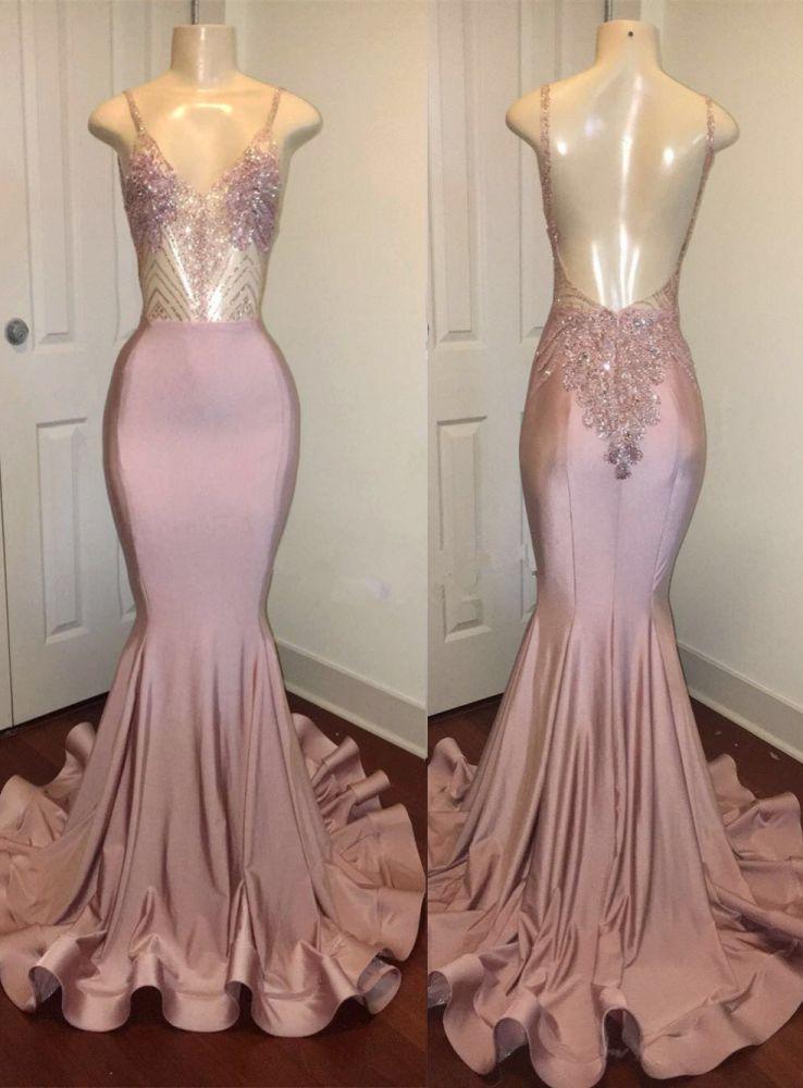 Trendy Pink Beads Spaghetti-Straps Party Dresses Mermaid Formal Dresses