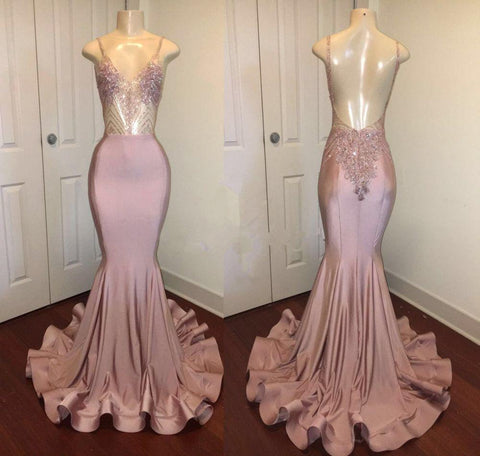 Vestidos de fiesta de sirena con tirantes finos y cuentas rosas de moda