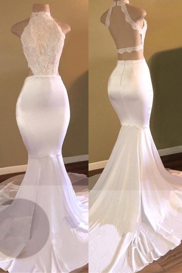 Trendy White Mermaid High-Neck Sleeveless Formal Dresses