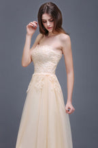 Robe de bal longue en tulle trapèze ornée d'appliqués