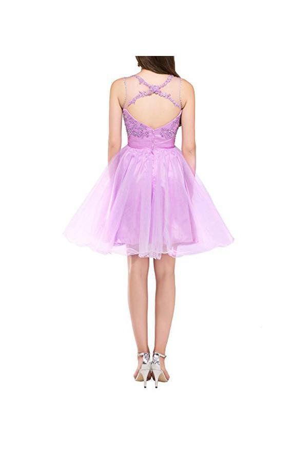 Robe de bal courte à dos nu ornée d'appliques en tulle et de perles PG055
