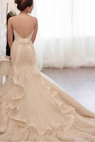 Vestido de novia de sirena de tul con apliques de encaje WD299