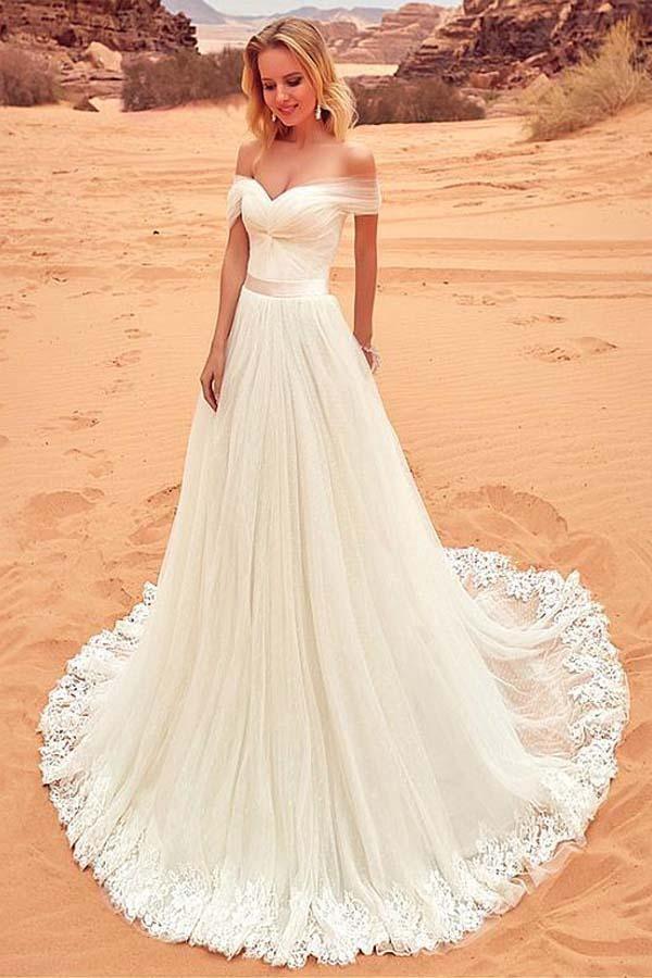 Robe de mariée en tulle à épaules dénudées avec applications de dentelle WD201