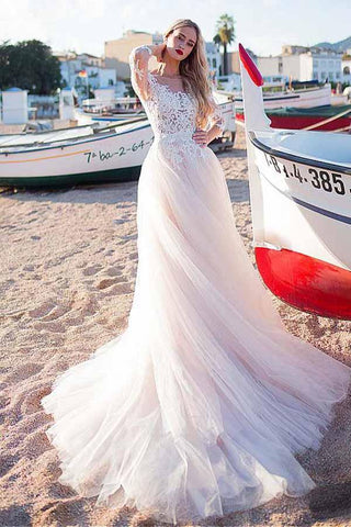 Vestido de novia de corte A con escote redondo de tul y apliques de encaje WD188