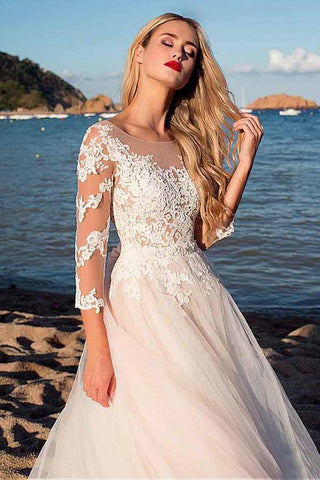 Vestido de novia de corte A con escote redondo de tul y apliques de encaje WD188