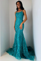Elma | Vestido largo de fiesta corte sirena con apliques turquesa y cordones