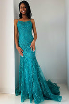 Elma | Vestido largo de fiesta corte sirena con apliques turquesa y cordones