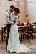 Vestido de novia de gasa de dos piezas con escote barco y mangas largas, con encaje WD372
