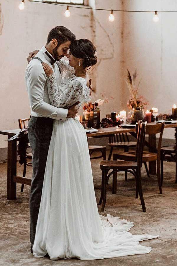Vestido de novia de gasa de dos piezas con escote barco y mangas largas, con encaje WD372