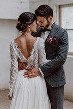 Vestido de novia de gasa de dos piezas con escote barco y mangas largas, con encaje WD372