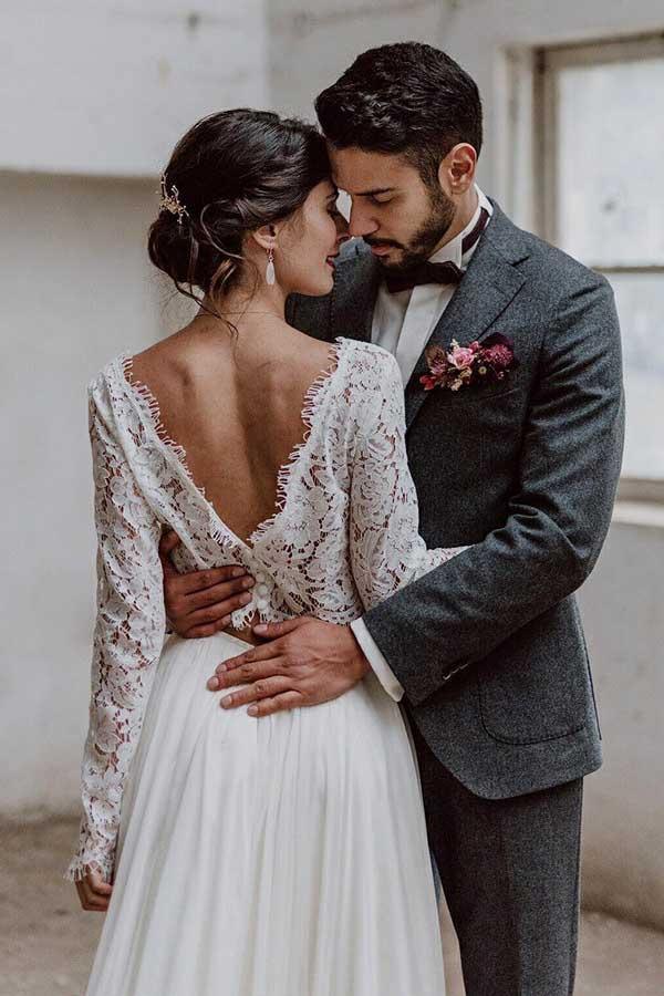 Vestido de novia de gasa de dos piezas con escote barco y mangas largas, con encaje WD372