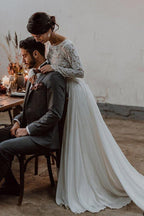 Vestido de novia de gasa de dos piezas con escote barco y mangas largas, con encaje WD372