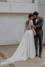 Vestido de novia de gasa de dos piezas con escote barco y mangas largas, con encaje WD372