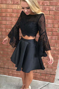 Vestido de fiesta de dos piezas, negro, de encaje, manga larga, para baile de bienvenida.
