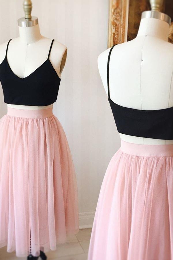 Dos piezas, lindos vestidos de tul rosa hasta la rodilla para adolescentes, ideales para fiestas de bienvenida (PD124)