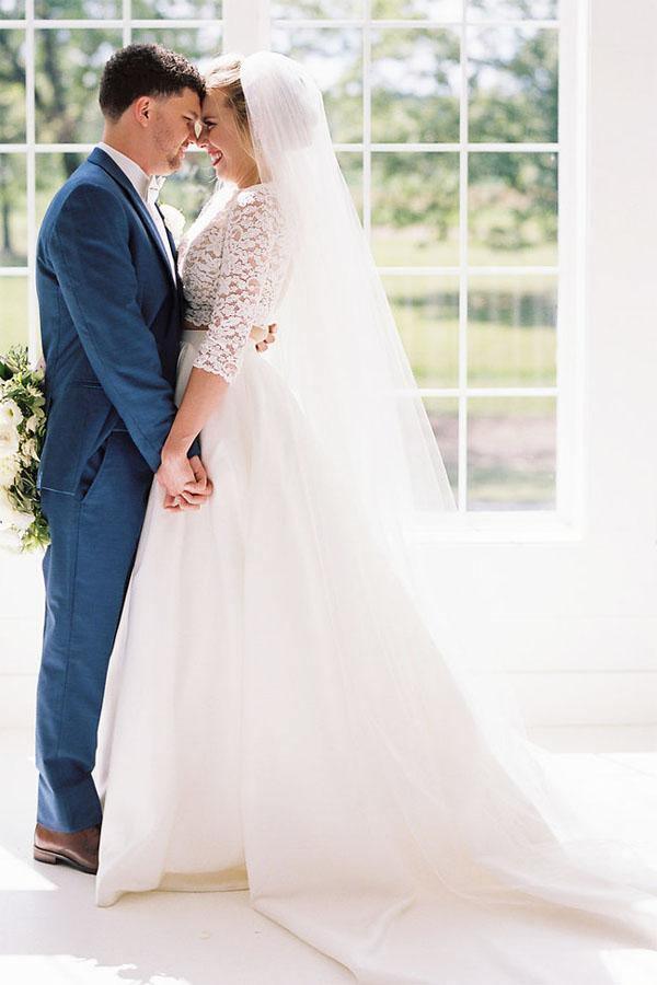 Vestido de novia de dos piezas, manga corta, transparente, con corpiño de encaje WD387