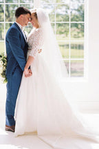 Vestido de novia de dos piezas, manga corta, transparente, con corpiño de encaje WD387